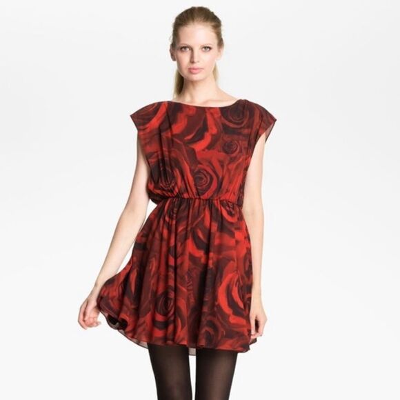 Alice + Olivia Corwin rose print stretch silk dress.